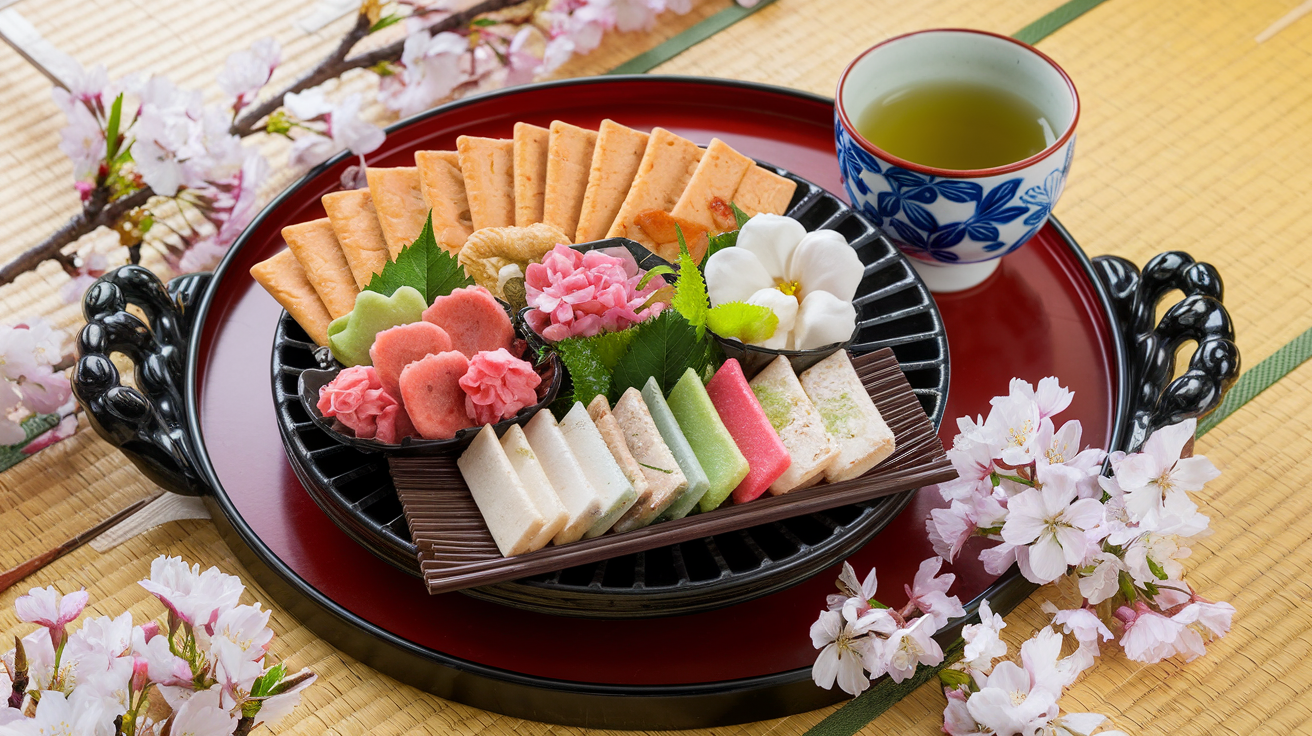 An assortment of Japanese rice crackers with green tea on a tatami mat.