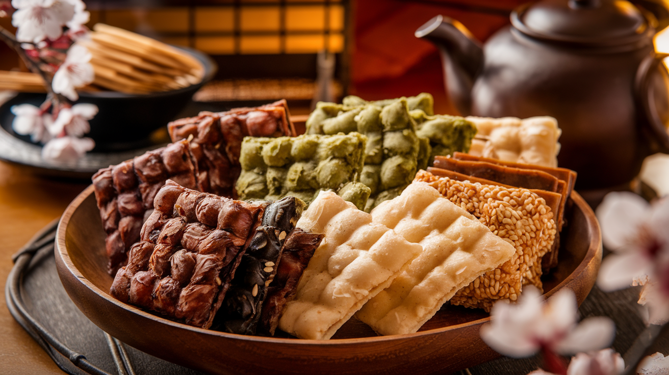 Assorted rice crackers on a wooden platter with a Japanese tea set