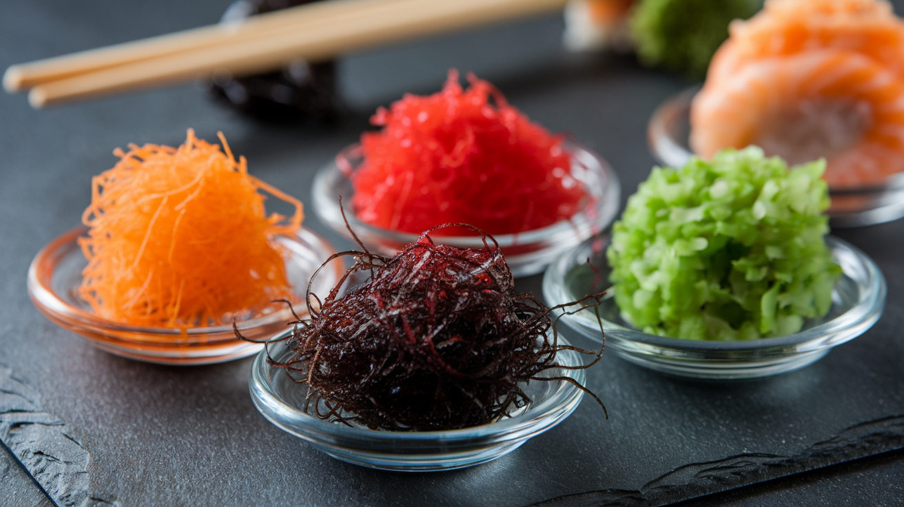 Assorted tobiko varieties in vibrant colors arranged on a slate surface.