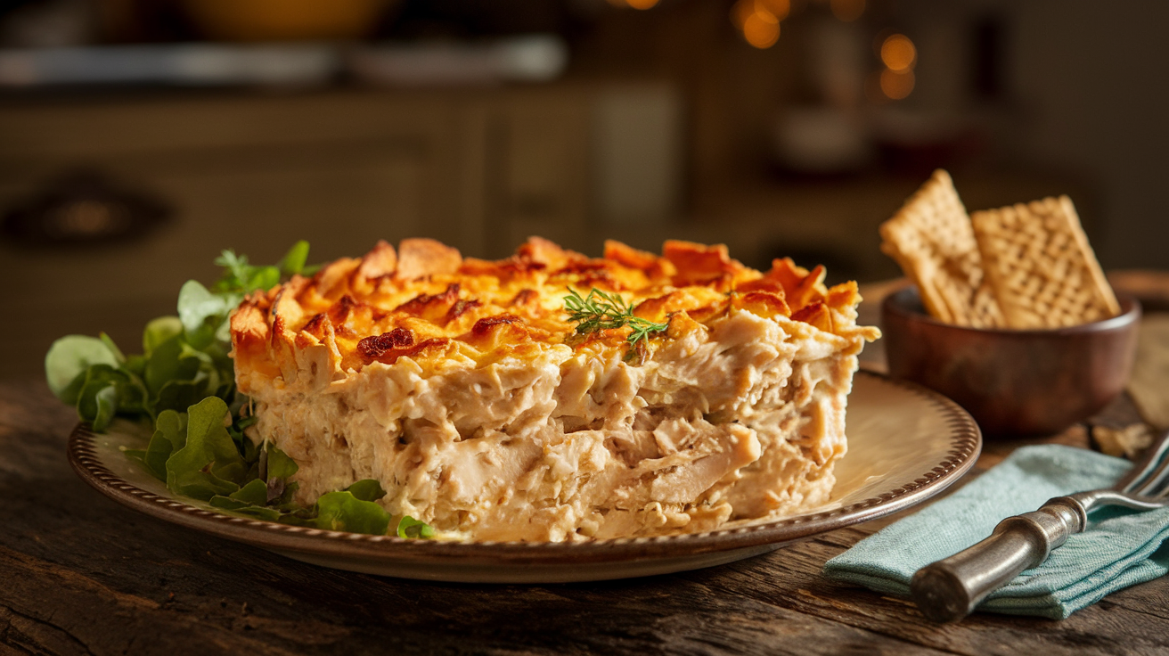 Million dollar chicken casserole with rice crackers and greens