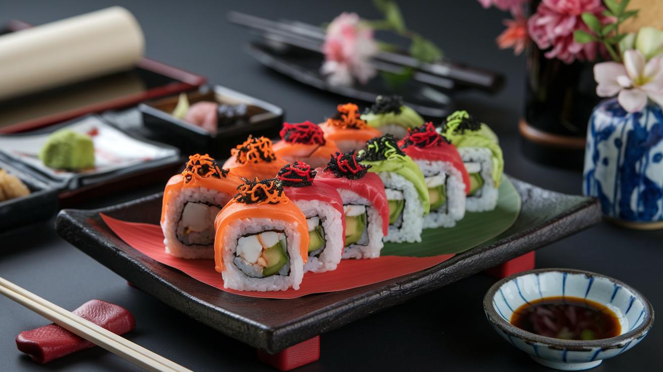 A platter of sushi rolls garnished with colorful tobiko.