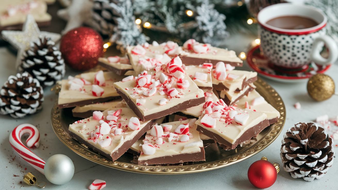 Finished peppermint bark with crushed candy canes, dark and white chocolate, served on a festive tray for Christmas.