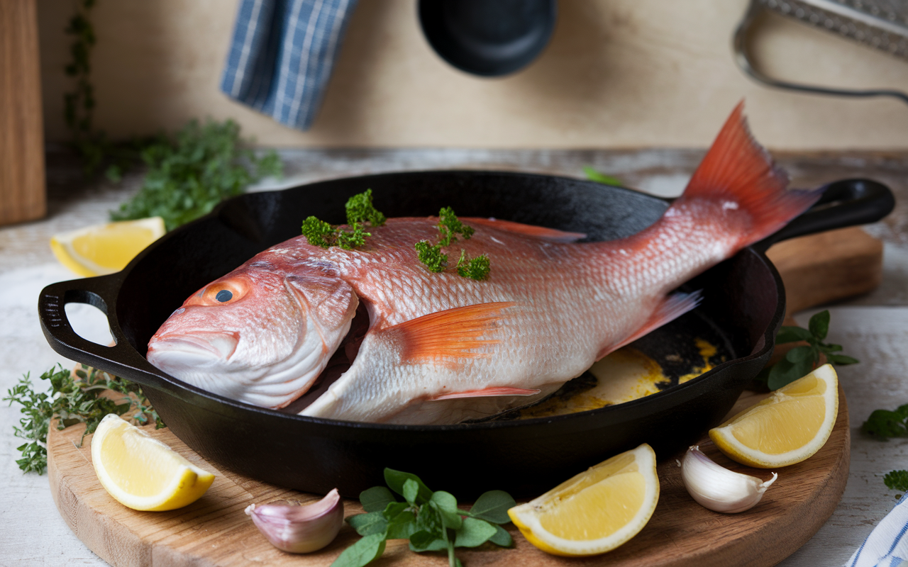 Golden-baked red snapper with fresh herbs and lemon in a skillet.