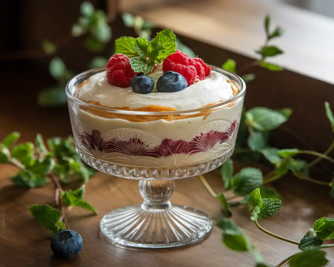 Creamy Bavarian Kreme in a decorative glass bowl.