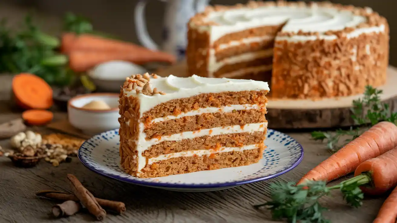 Slice of moist carrot cake with cream cheese frosting and ingredients.