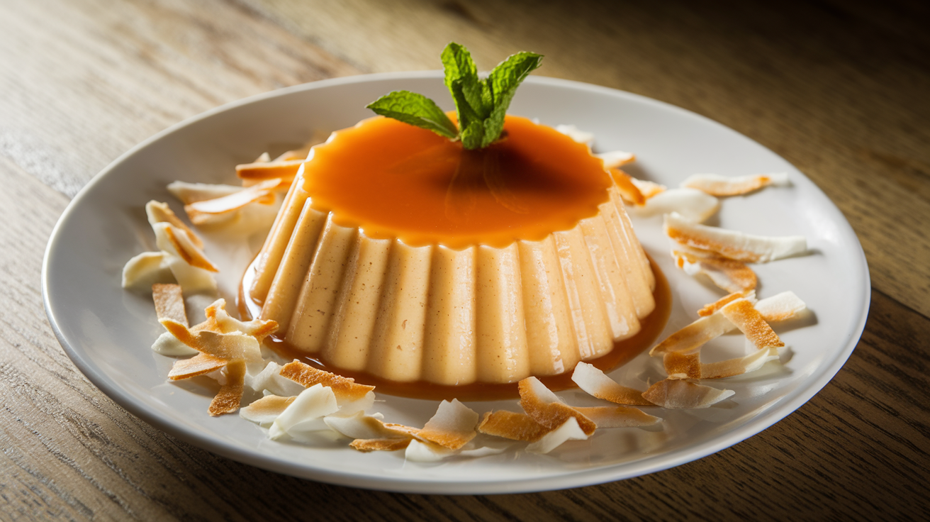 Coconut flan with caramel topping and toasted coconut flakes.