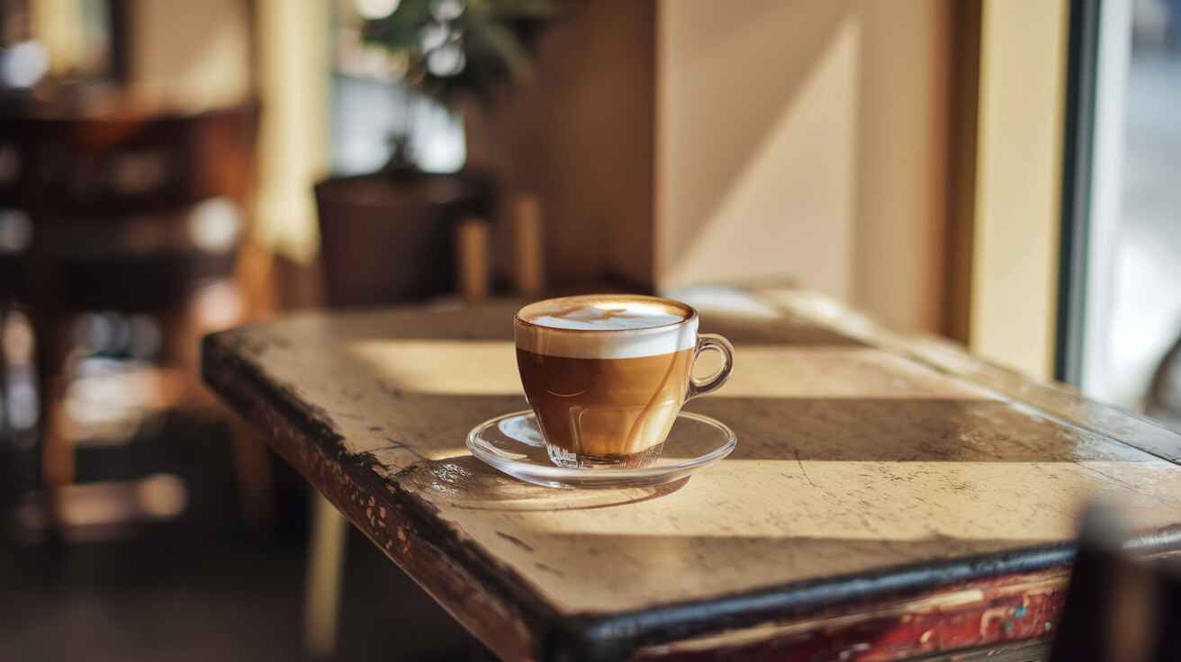 Cortado coffee served in a clear glass on a rustic wooden table.