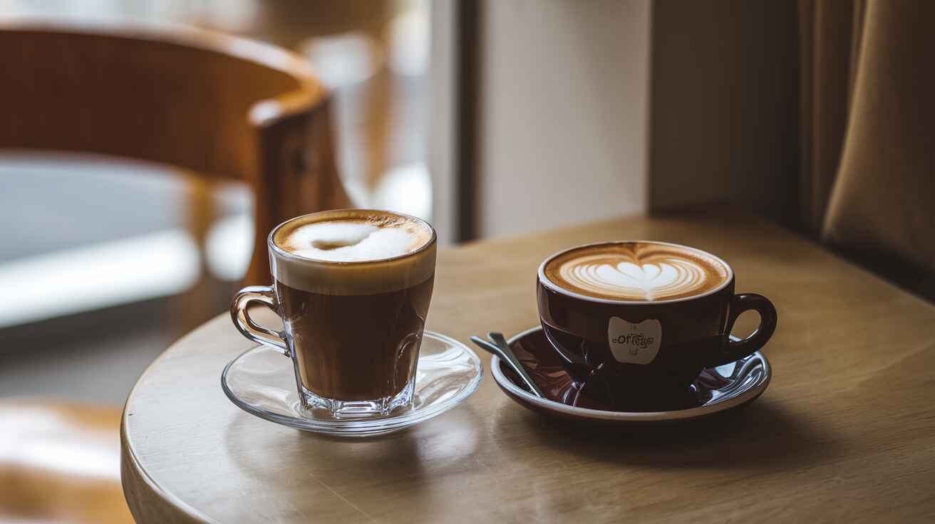 A cortado and a flat white side by side in a cozy café.