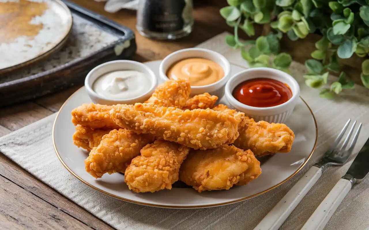 Golden crispy chicken strips with dipping sauces on a rustic table