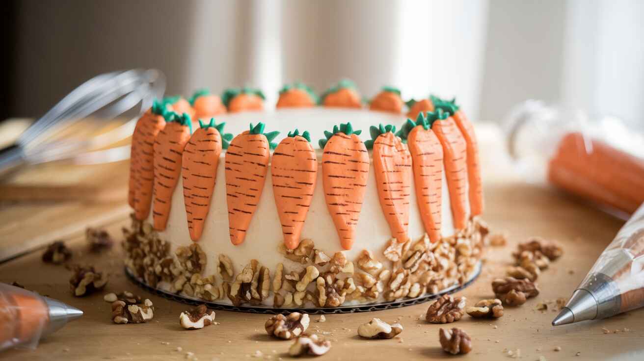 A carrot cake with buttercream carrot designs and chopped walnuts