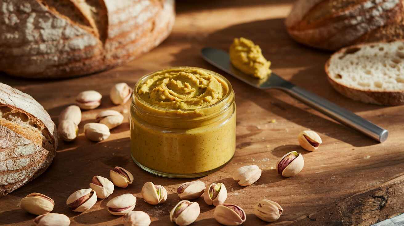 A jar of pistachio spread with whole pistachios and bread.