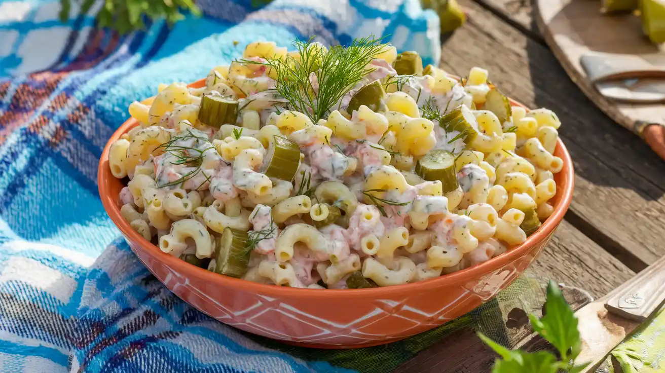 Dill Pickle Macaroni Salad in a bowl with fresh dill garnish, perfect for picnics and potlucks.