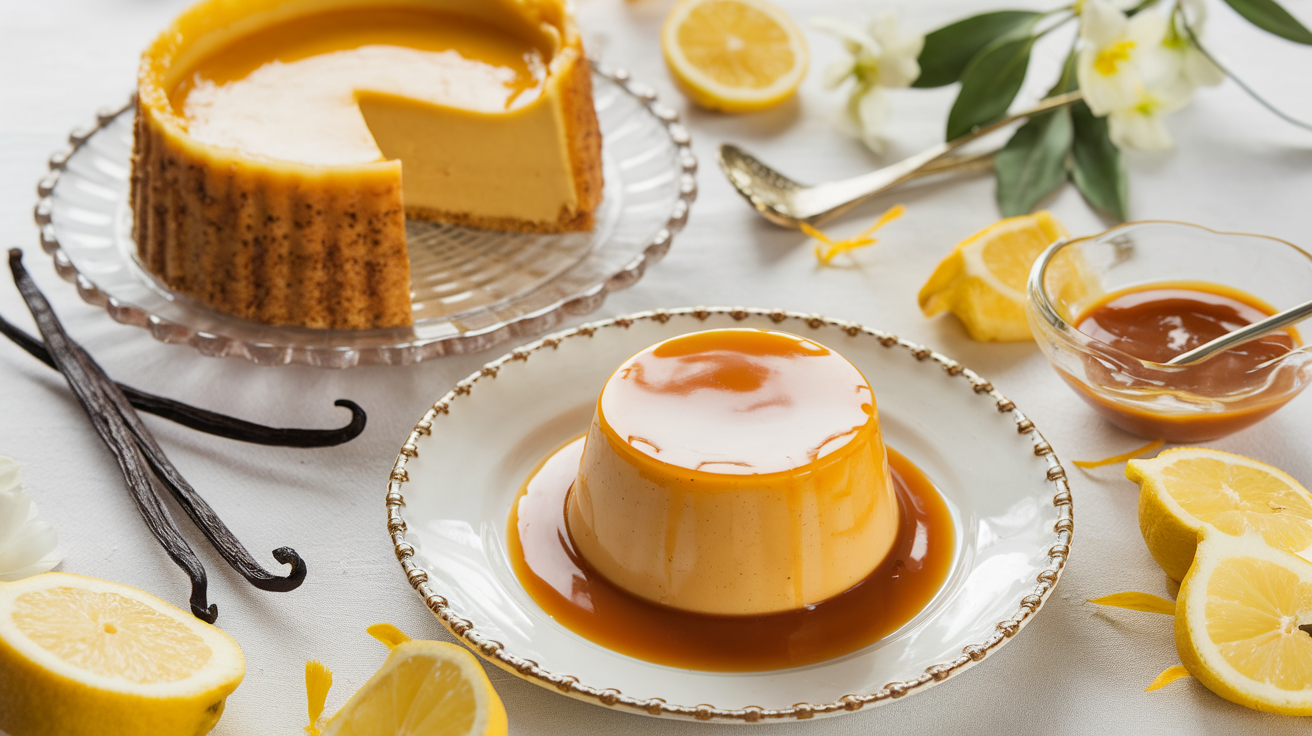 French and Mexican flan on a dessert table with toppings.