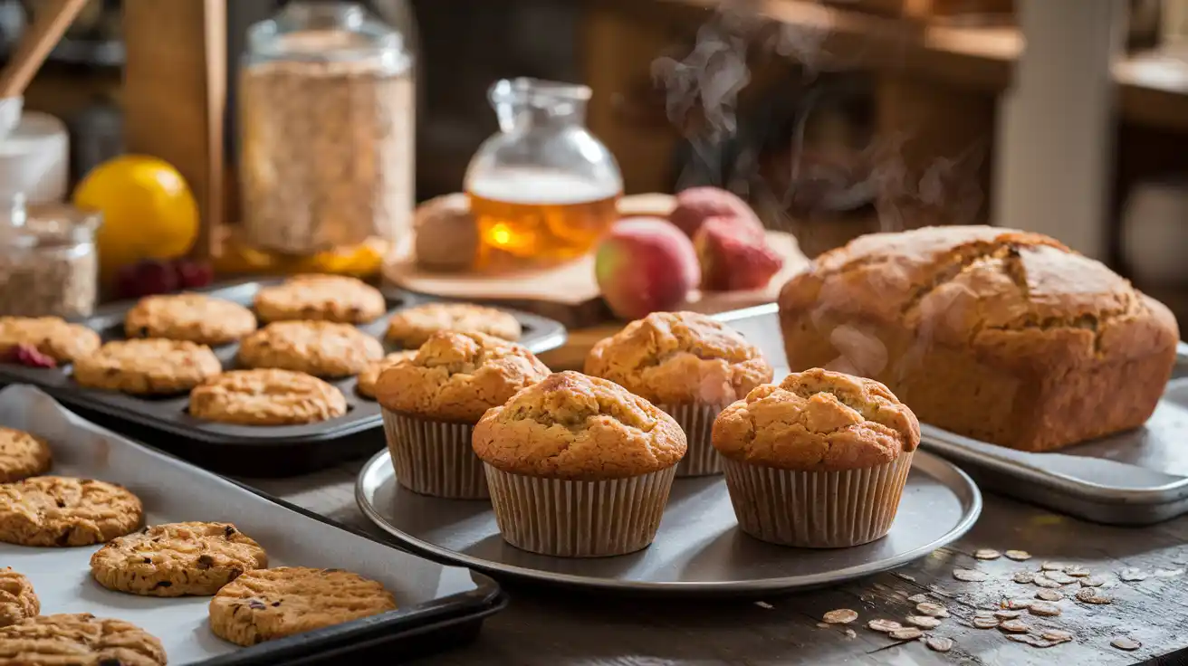 Freshly baked muffins and bread on a rustic wooden table.