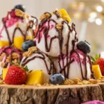 Frozen yogurt clusters with fruits and granola on a rustic board.