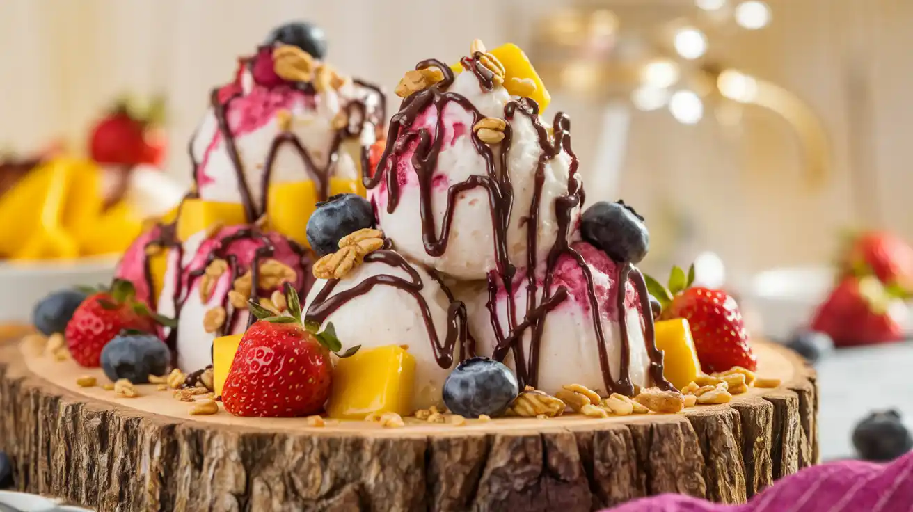 Frozen yogurt clusters with fruits and granola on a rustic board.