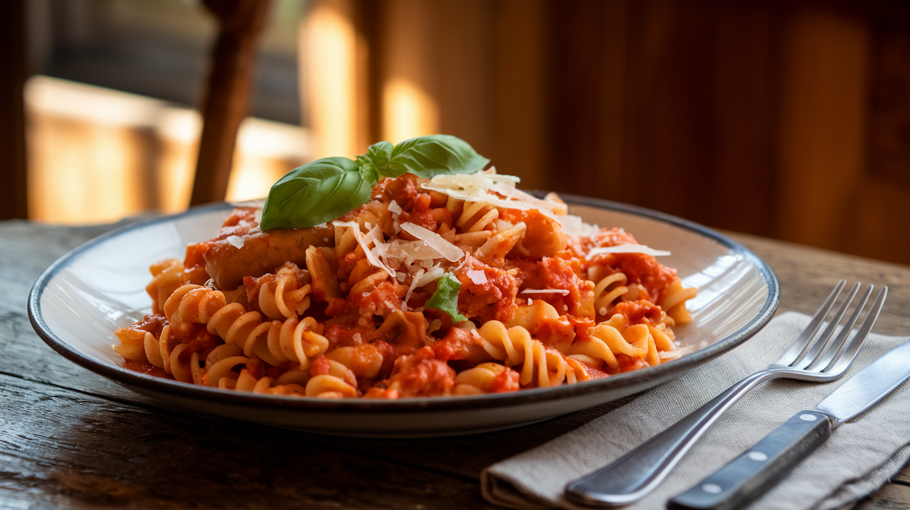 Italian Turkey Sausage Pasta Garnished with Fresh Basil