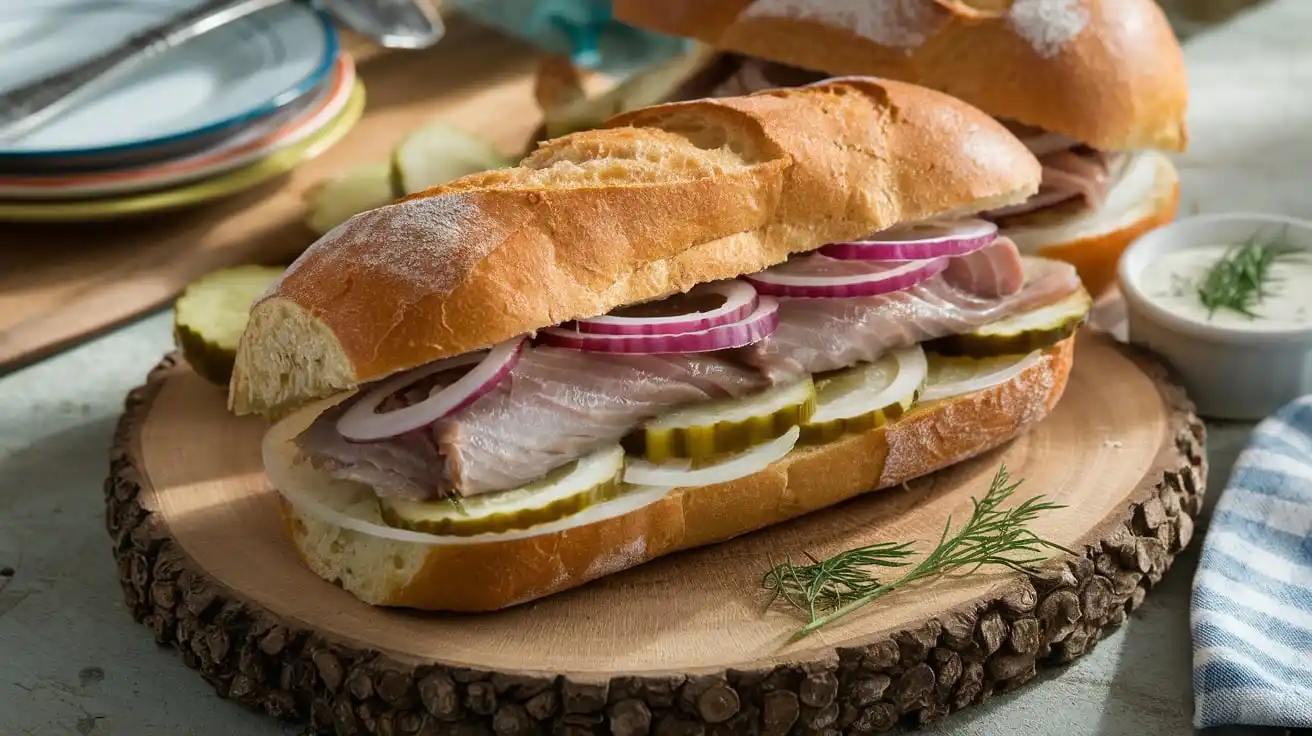 Authentic Matjesbrötchen Sandwich with Fresh Ingredients