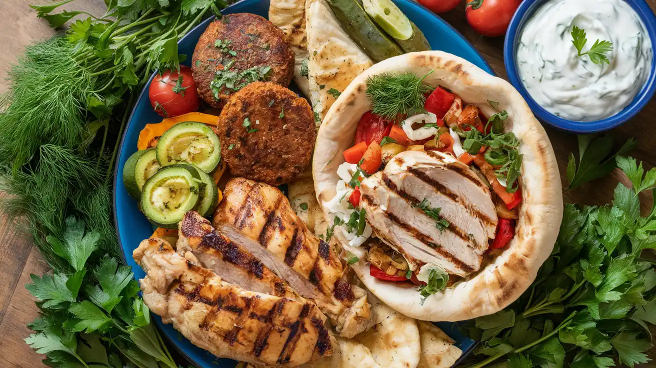 Mediterranean dishes with tzatziki sauce.