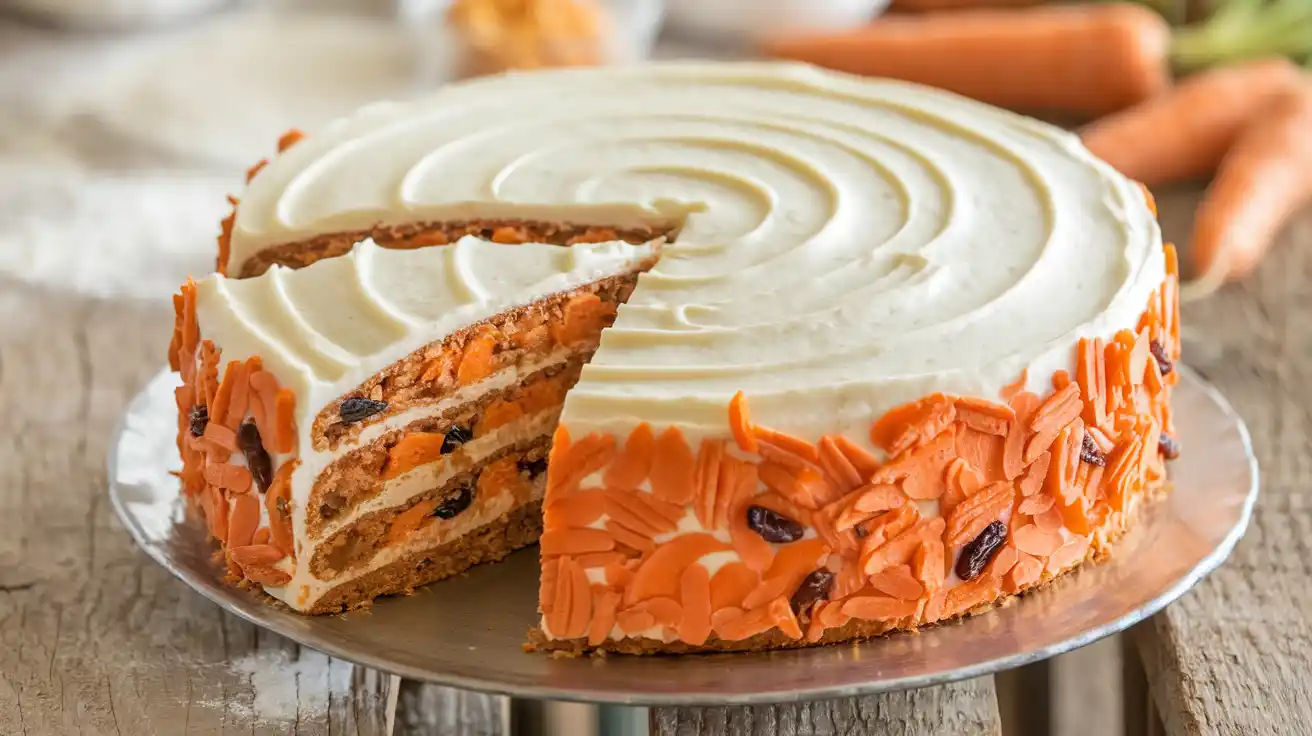 Freshly baked carrot cake with cream cheese frosting and visible layers of carrots and nuts.