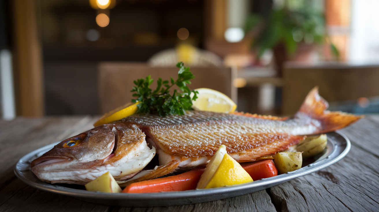 Pan-seared red snapper fillet with lemon and vegetables