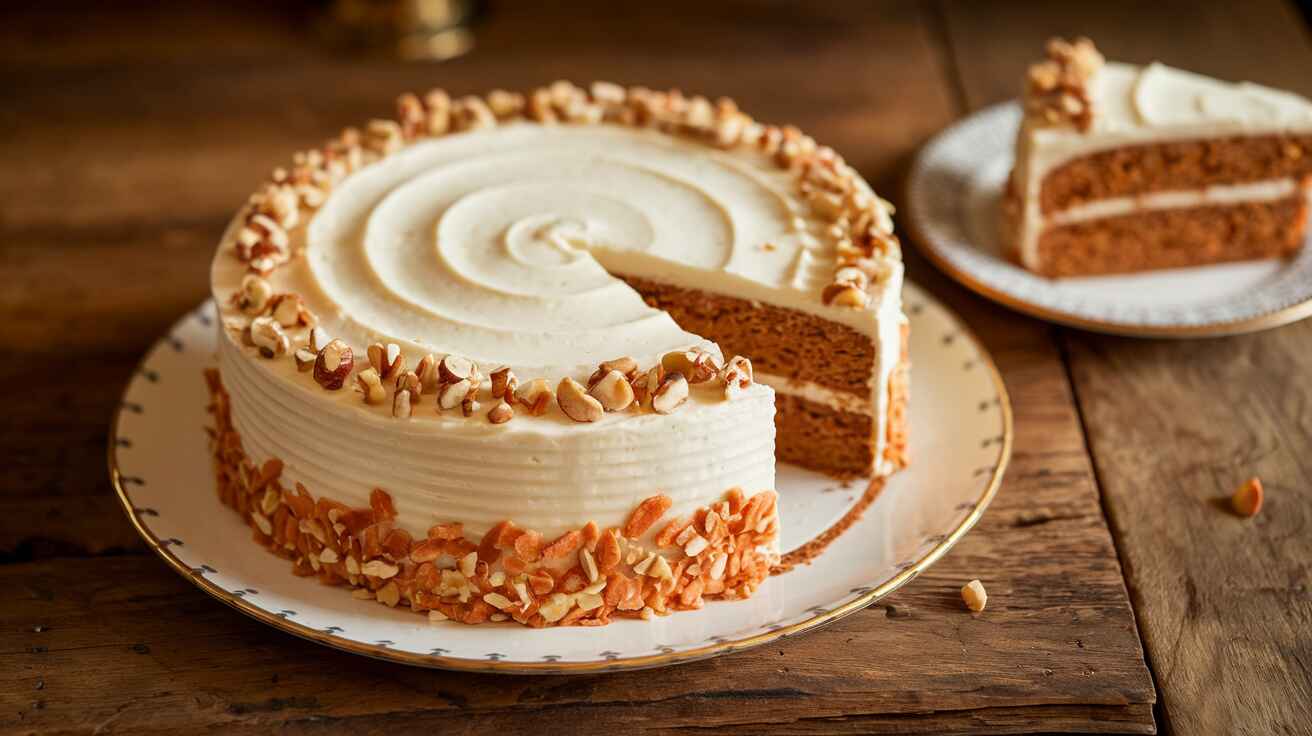 Classic carrot cake with cream cheese frosting on a wooden table.