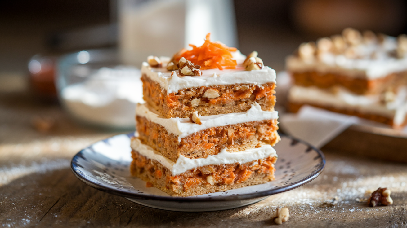 Stack of carrot cake bars with cream cheese frosting and walnuts.