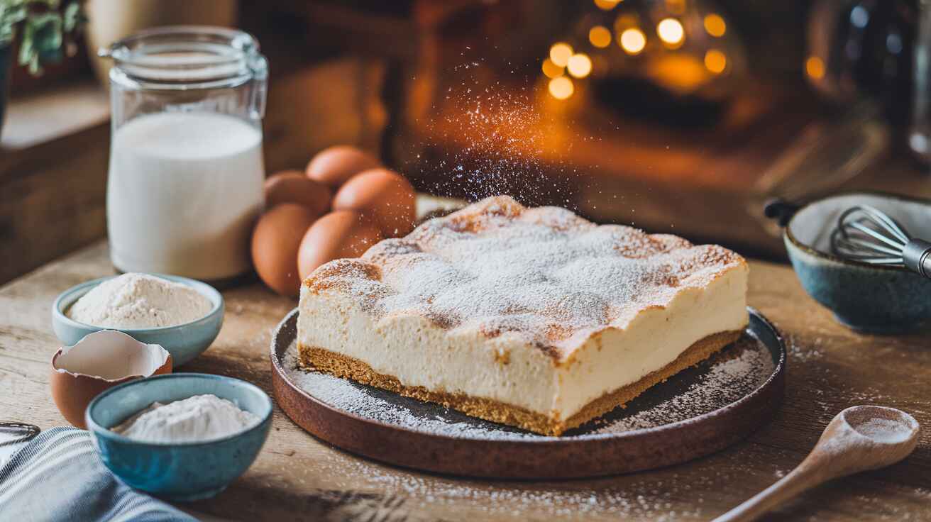 Moist kefir sheet cake styled on a wooden table with ingredients.