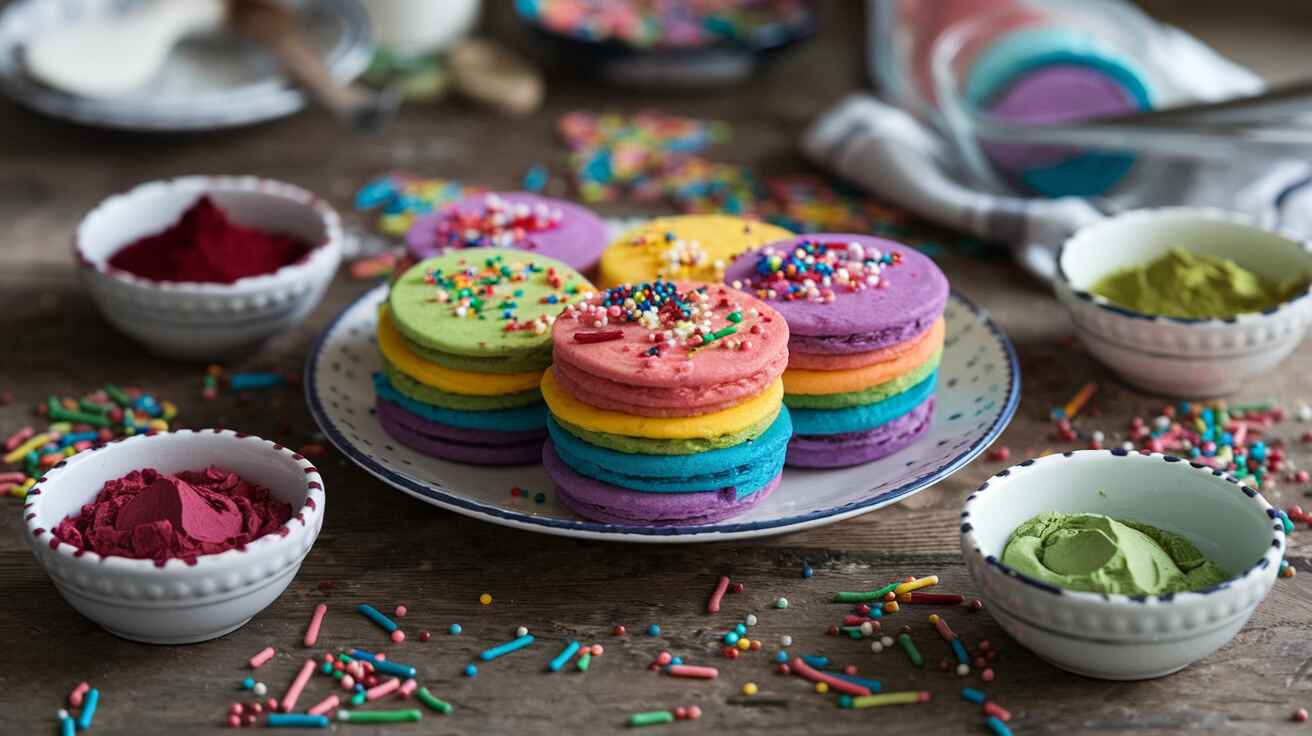 Rainbow cookies with natural food dyes and sprinkles on a wooden table