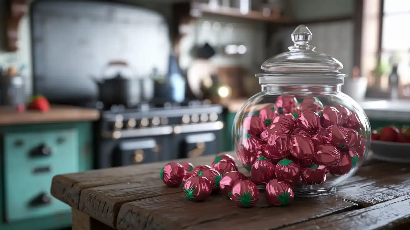 A candy jar filled with pink-wrapped strawberry bon bons.