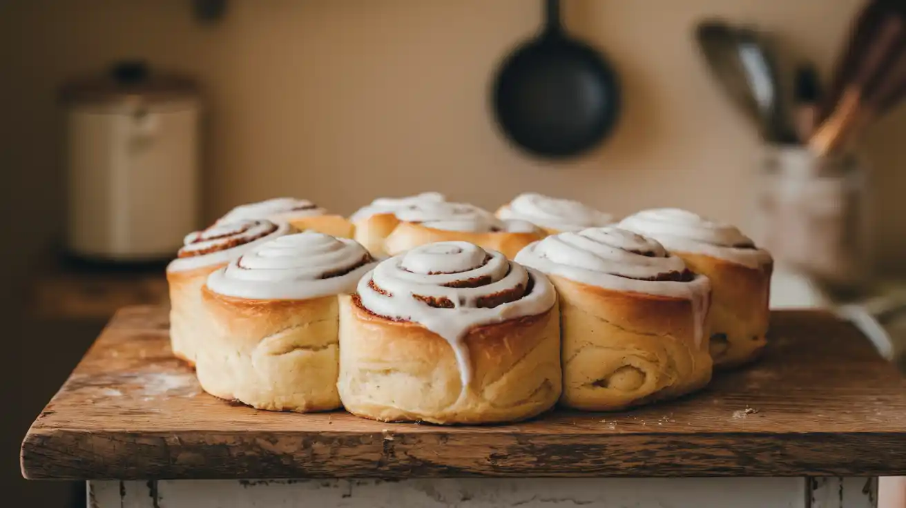 Freshly baked soft and fluffy cinnamon rolls with frosting.