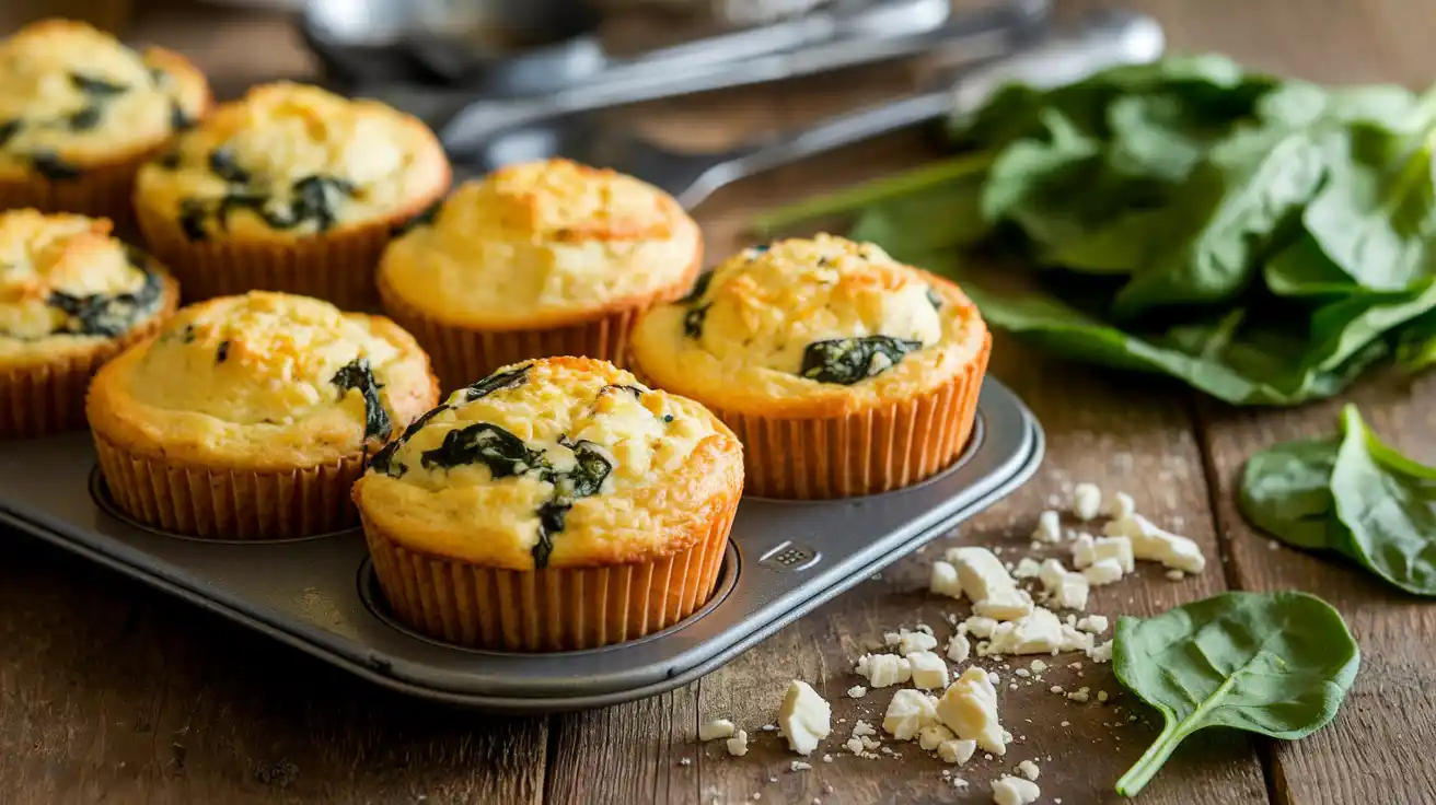 Spinach Feta Egg Muffins baked in a muffin tin, ready to eat.