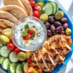 Trader Joe’s Tzatziki on a Mediterranean platter with pita and vegetables