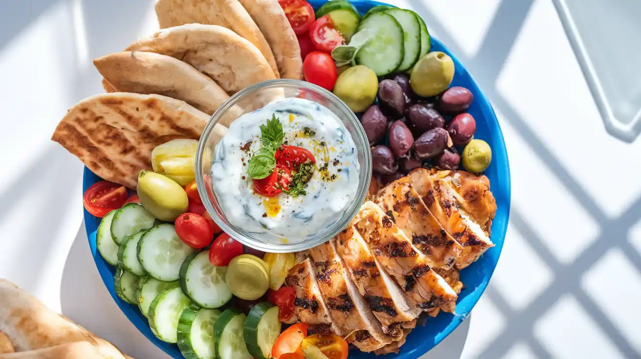 Trader Joe’s Tzatziki on a Mediterranean platter with pita and vegetables