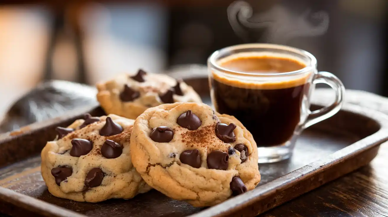 Freshly baked Choco Chips Coffee Cookies with espresso