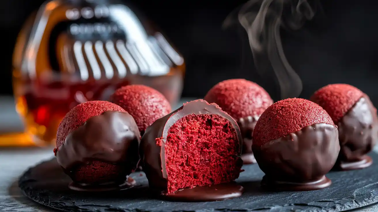 Red Velvet Bourbon Cake Balls coated in dark chocolate with a bourbon bottle in the background.