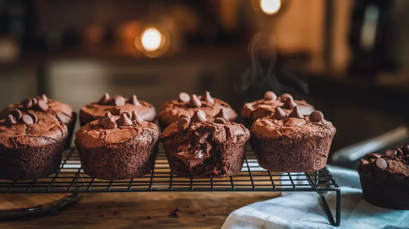 Freshly baked brownie muffins cooling on a wire rack.