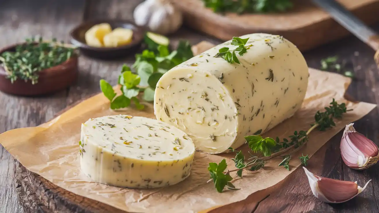 A sliced log of garlic herb butter with fresh herbs and garlic.